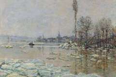 From the riverbank at Vétheuil, Monet looked upstream to the houses at Lavacourt, situated on the opposite bank. In the distance, to the left, the church tower of Saint-Martin-la Garenne, outlined against the hills, can be discerned. This canvas was done at a slightly later date than the first views executed after the ice breakup. The jagged ice floes, given emphasis by impasto colours, are less numerous. They have also been thrown up onto the banks, as can be seen from the pile in the left foreground. The water has lost its devastating power, becoming calmer. The river, now navigable once more, witnessed the return of a barge with small figures on board. Monets boat-studio, moored on the Seine at that time, only sustained minor damage in the ice breakup.