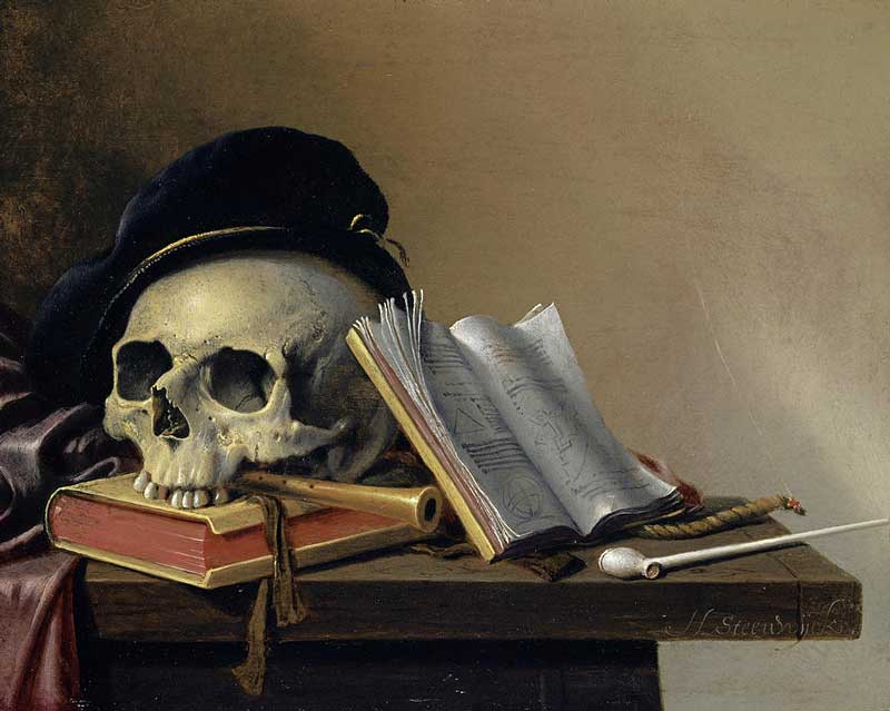 Kafatası, kitaplar, flüt ve pipolu vanitas