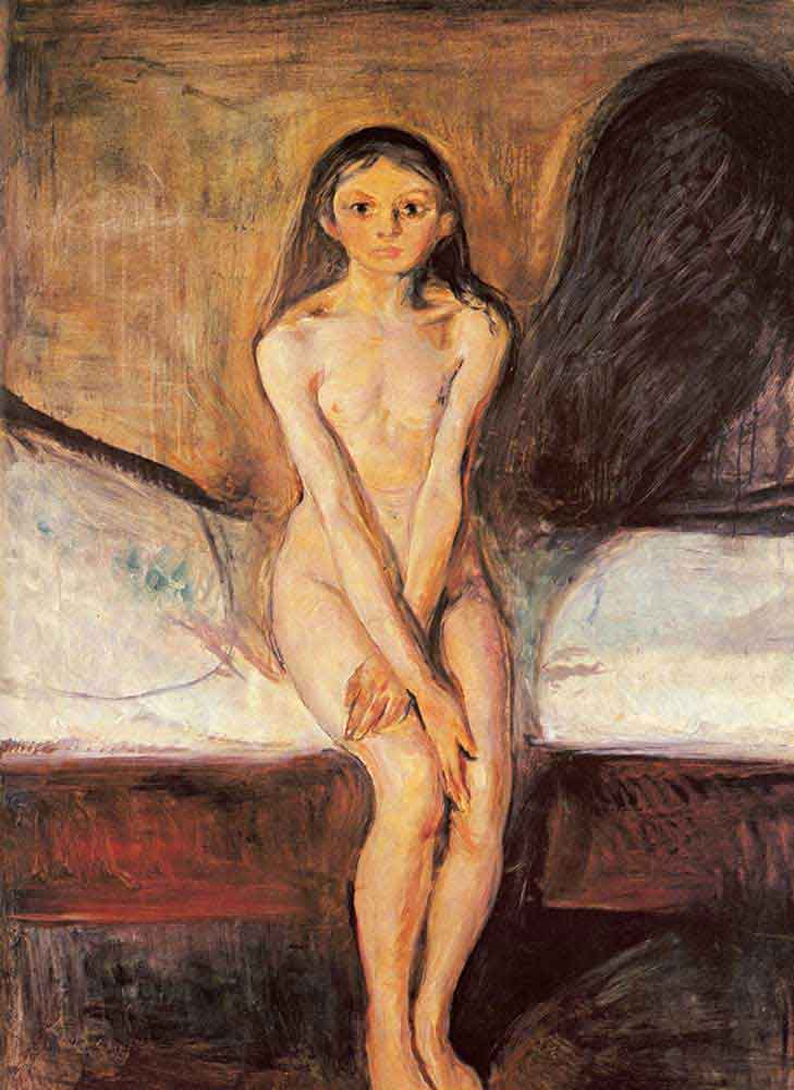 Edvard Munch'un Ergenlik tablosu: yatağın kenarında oturan genç kız ve arkasındaki büyük gölge