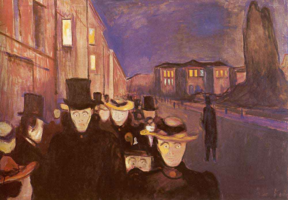 Edvard Munch'un Karl Johan Caddesinde Akşam tablosu: solgun yüzlü kalabalık izleyiciye doğru yürüyor