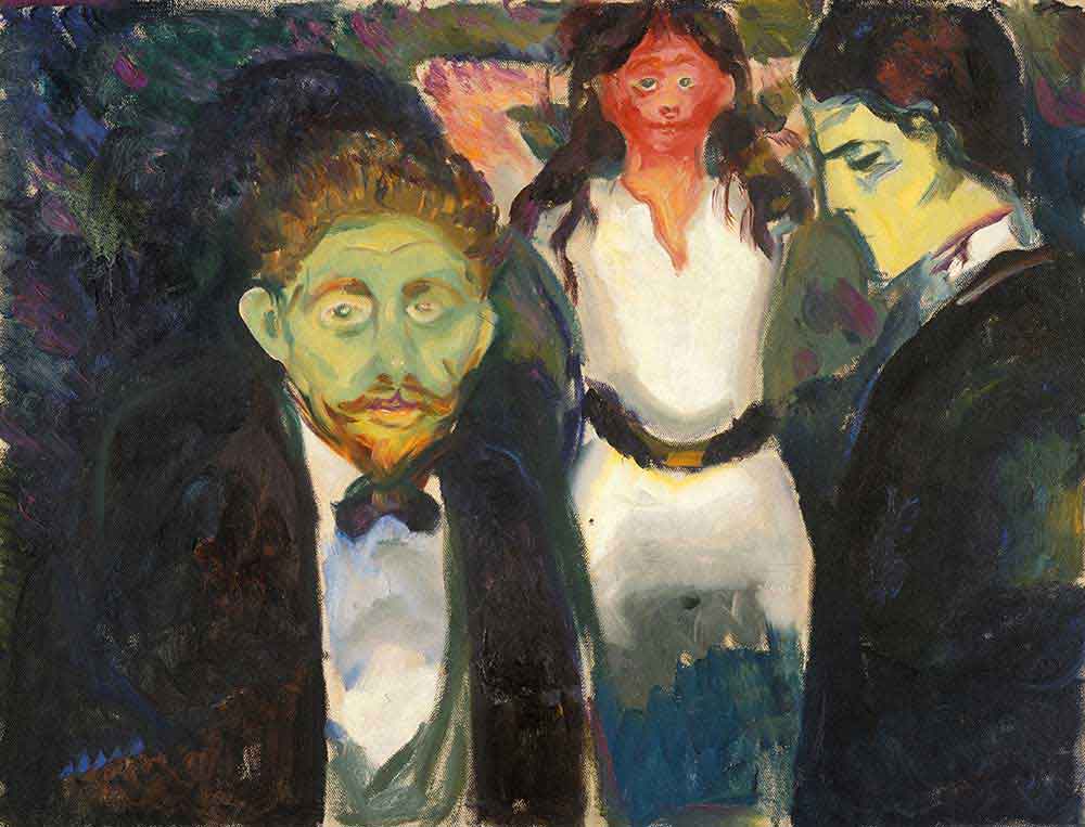 Edvard Munch'un Kıskançlık tablosu: ön planda solgun bir erkek yüzü, arkada bir çift