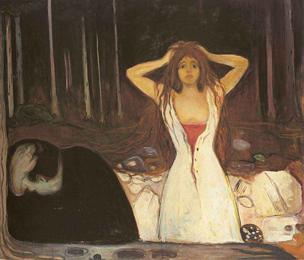 Edvard Munch'un Küller tablosu: ormanda başını tutan bir erkek ve ayakta duran kadın