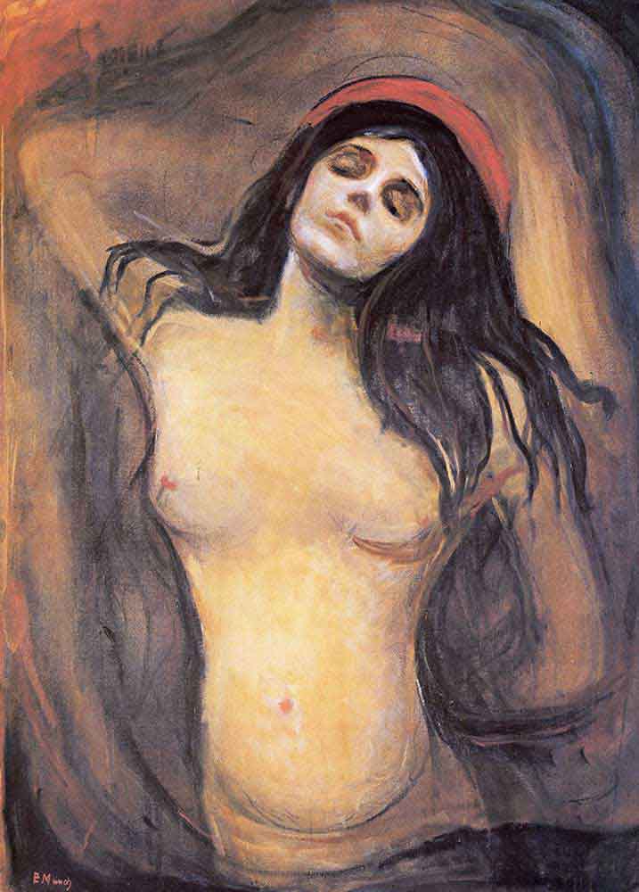 Edvard Munch'un Madonna tablosu: gözleri kapalı, uzun siyah saçlı çıplak kadın