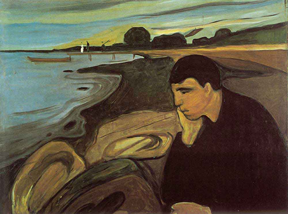 Edvard Munch'un Melankoli tablosu: deniz kıyısında başını eline dayamış yalnız bir adam