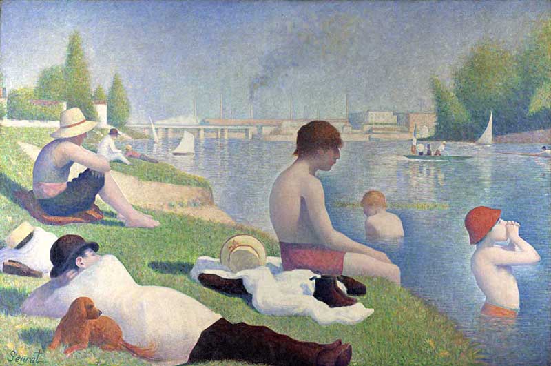Seurat'nın Asnières'de Yıkananlar tablosu: Seine kıyısında dinlenen ve suya giren gençler