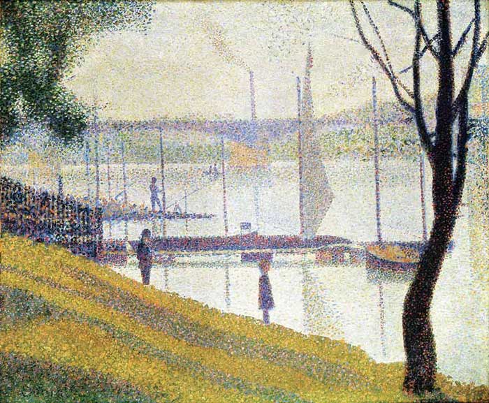Seurat'nın Courbevoie Köprüsü tablosu: Seine nehri, direkler, bir köprü ve kıyıda yürüyen figürler