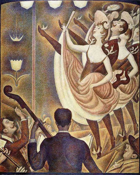 Seurat'nın Le Chahut tablosu: bacaklarını havaya kaldırmış dansçılar ve önde kontrbas çalan müzisyen