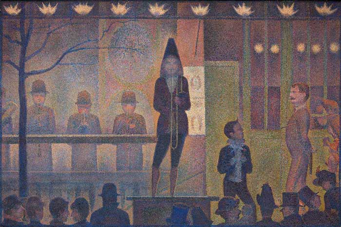 Seurat'nın Sirk Geçidi tablosu: gaz lambalarının altında sirk çadırının önünde çalan müzisyenler