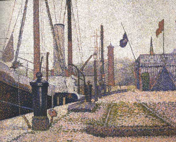 Seurat'nın Honfleur'de Maria tablosu: limanda demirli bir buharlı gemi ve iskele