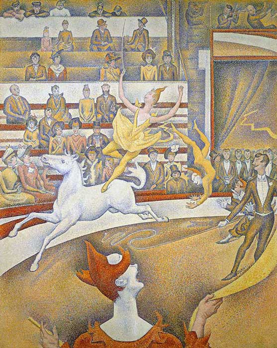 Seurat'nın Sirk tablosu: beyaz atın üzerinde dengede duran bir binici ve önde bir palyaço
