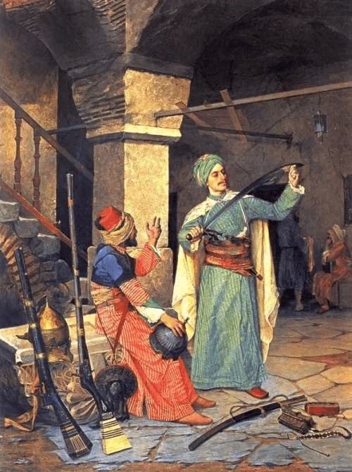Osman Hamdi Bey'in eski silahlarla dolu bir mekandaki iki erkeği gösteren Silah Taciri tablosu