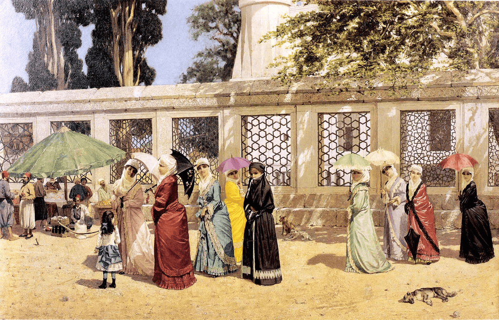 Osman Hamdi Bey'in açık havada yürüyen kadınları gösteren Gezintide Kadınlar tablosu