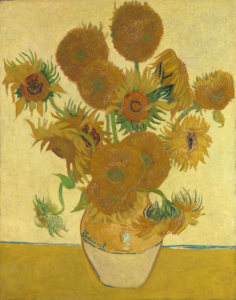 Van Gogh'un Ayçiçekleri tablosu: sarı zemin önünde sarı vazoda on beş ayçiçeği