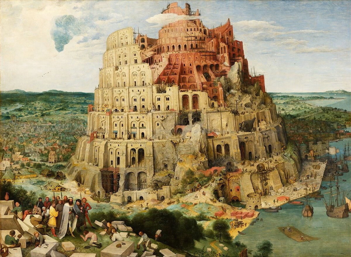 Bruegel'in Babil Kulesi tablosu: liman kentinin yanında bulutlara yükselen, kemerli katlı dev kule