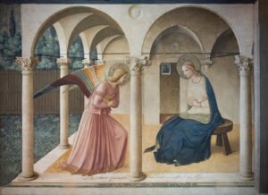 Fra Angelico'nun San Marco Müjdesi: kemerli revakta melek ve Meryem