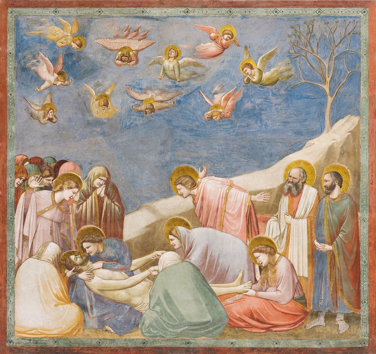 Giotto'nun Ağıt freski: ölü İsa'nın başında ağlayan figürler ve melekler