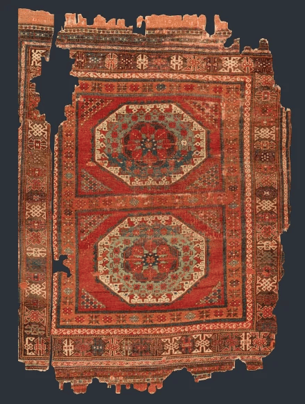 Sekizgen madalyonlu ve kufi benzeri bordürlü Holbein tipi Anadolu halısı
