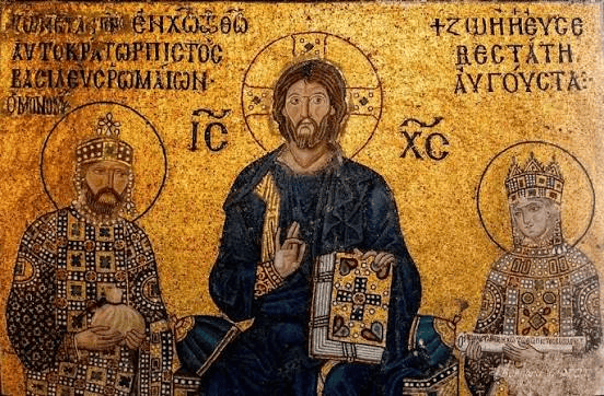 Ayasofya'da çocuk İsa'yı kucağında tutan Meryem ile II. Ioannes Komnenos ve İmparatoriçe İrene mozaiği