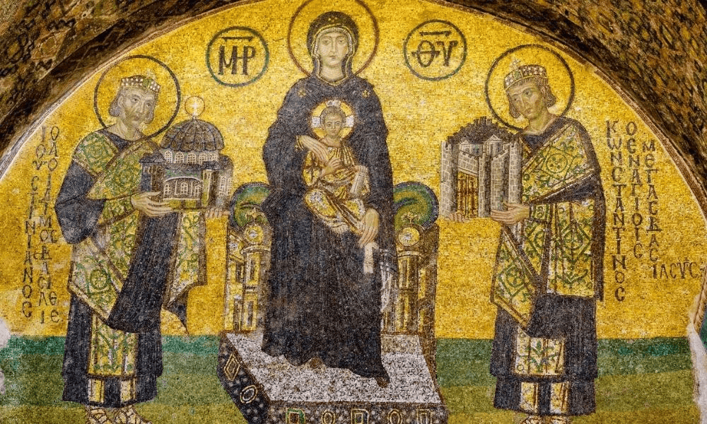 Ayasofya güneybatı girişindeki, Meryem'e Ayasofya ve Konstantinopolis maketlerini sunan imparatorlar mozaiği