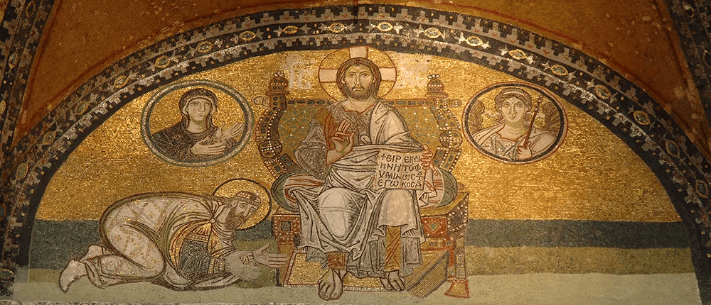 Ayasofya İmparator Kapısı üzerindeki, tahttaki İsa'nın önünde diz çöken imparator mozaiği