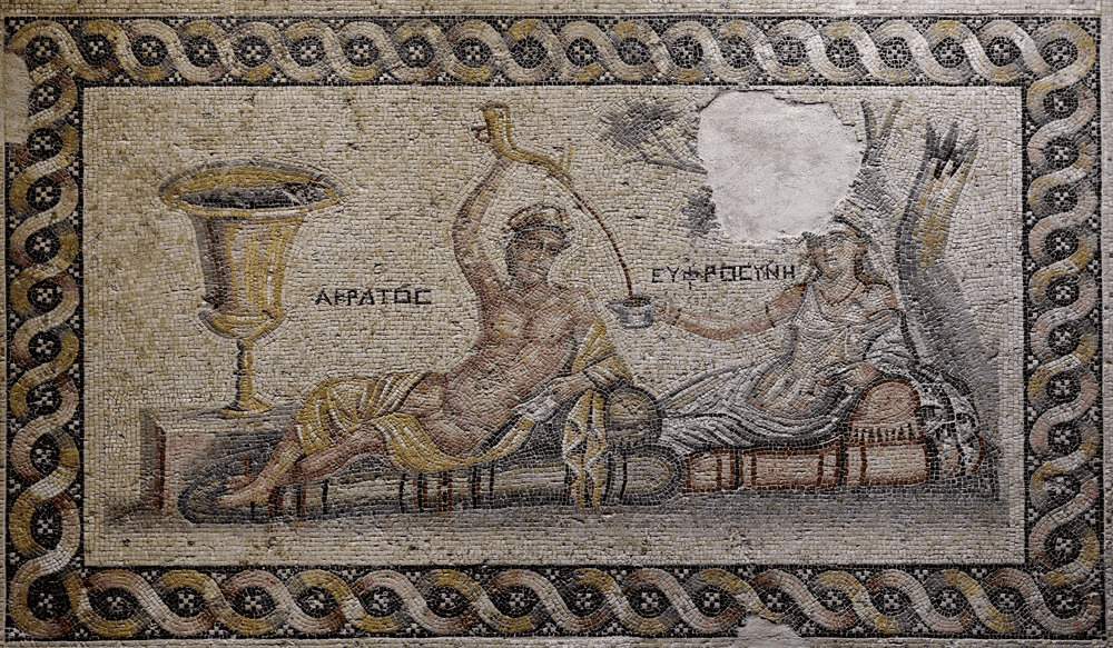 Akratos'un Euphrosyne'ye şarap sunduğu Zeugma mozaiği