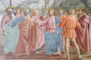 Masaccio'nun Vergi Parası freski: üç ayrı ana yayılan anlatı