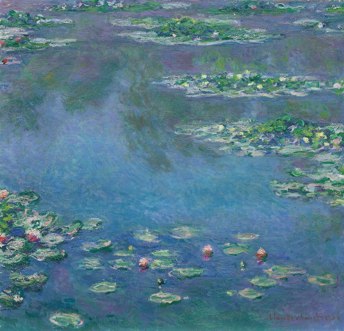 Monet'nin ufuk çizgisi olmayan Nilüferler tablosu: suyun yüzeyindeki nilüferler ve gökyüzü yansıması