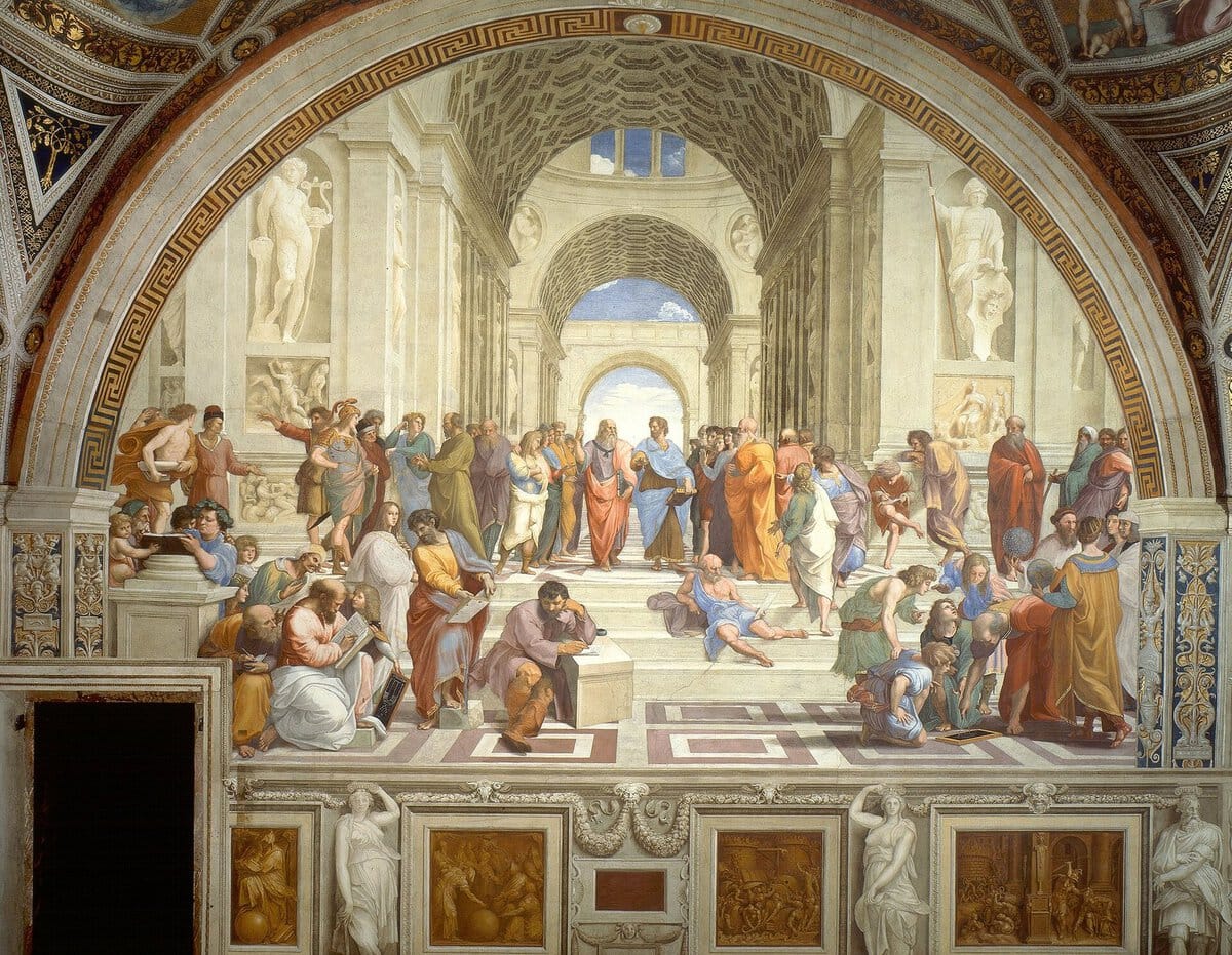 Raffaello'nun Atina Okulu freski: kemerli bir salonda Platon, Aristoteles ve Antik Yunan düşünürleri