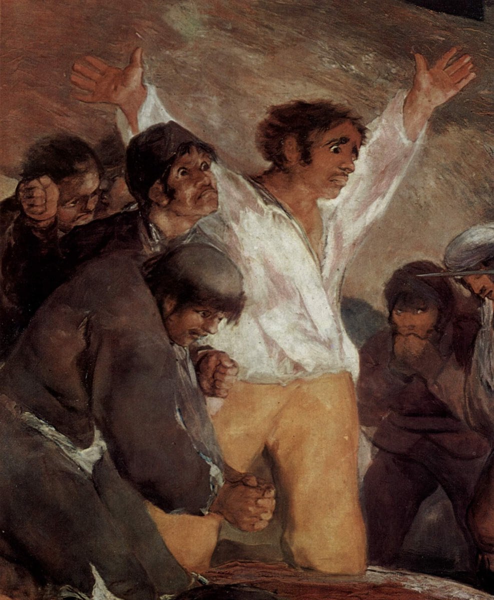 Goya'nın 3 Mayıs 1808 tablosundan ayrıntı: kollarını açmış beyaz gömlekli adam ve çevresindeki korkmuş kurbanlar