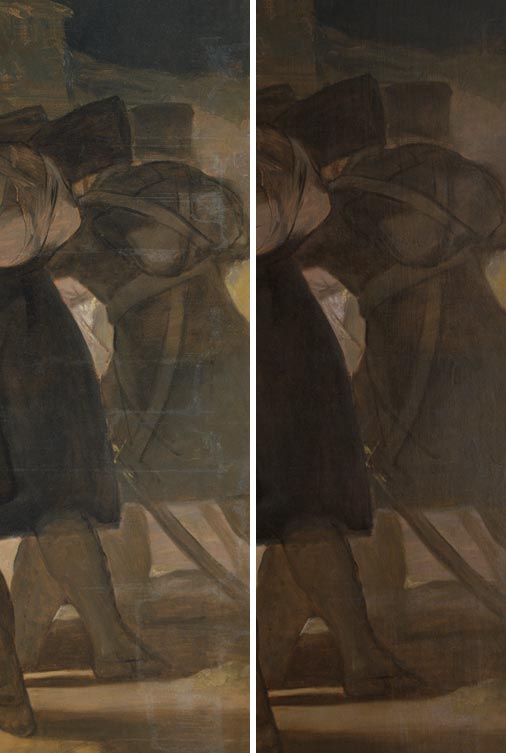 Goya'nın 3 Mayıs 1808 tablosundan ayrıntı: gri pelerinli, yüzleri görünmeyen idam mangası, 2008 restorasyonu sırasında