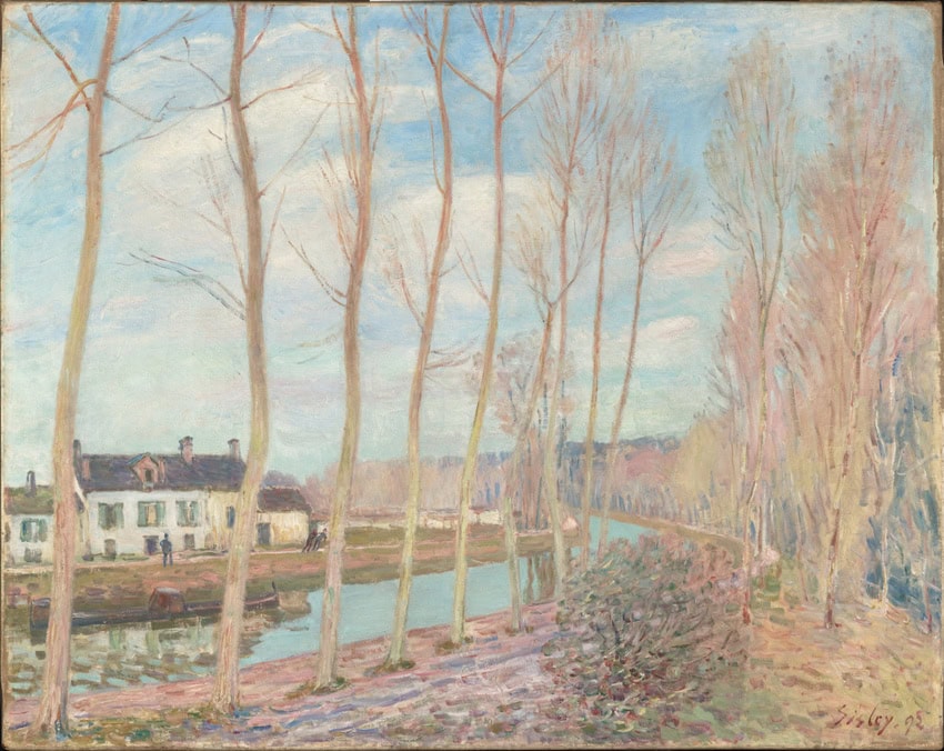 Alfred Sisley'nin Le Canal du Loing tablosu, kavaklar ve geniş gökyüzü, 1892