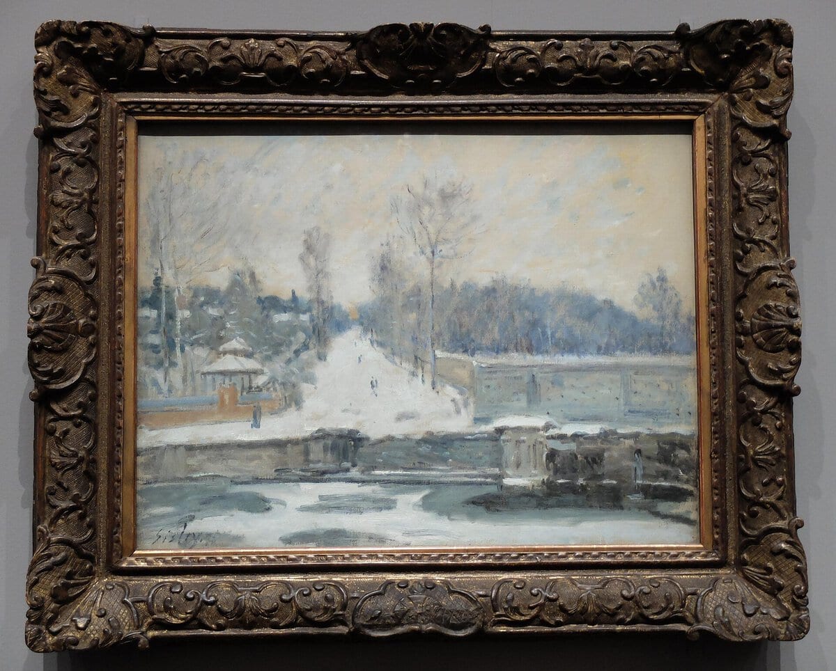 Alfred Sisley'nin Marly-le-Roi'de At Sulama Havuzu tablosu, karlı kış manzarası, 1875