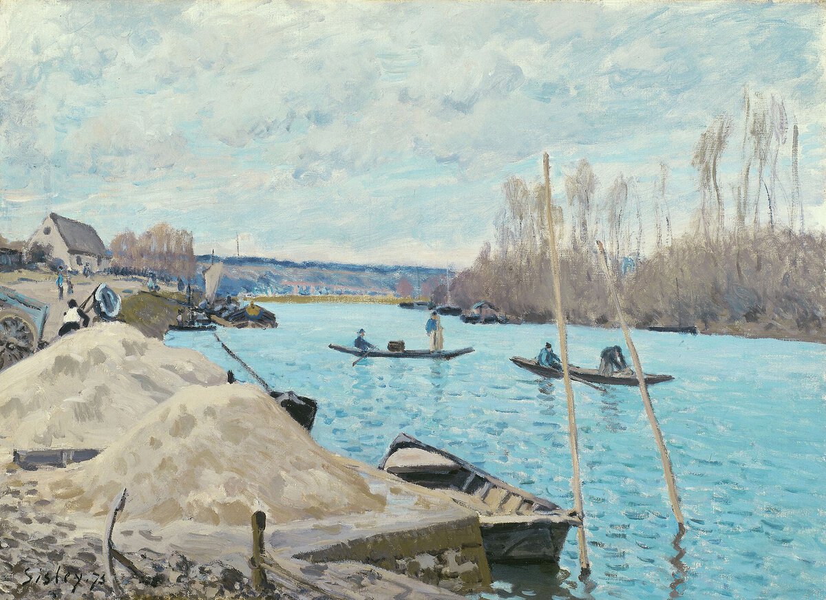 Alfred Sisley'nin Port-Marly'de Seine, Kum Yığınları tablosu, 1875