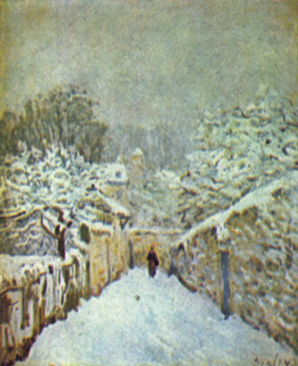 Alfred Sisley'nin Louveciennes'de Kar tablosu, karlı yol ve yalnız bir figür, 1878