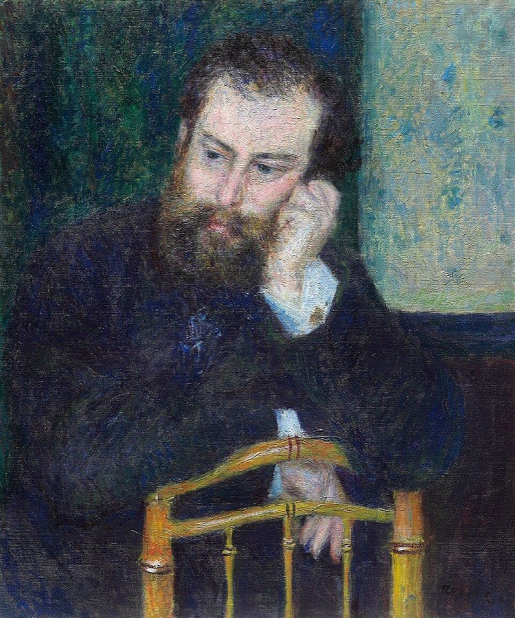 Sakallı Alfred Sisley, bambu bir sandalyenin arkasına yaslanmış, eli yanağında düşünceli bakıyor