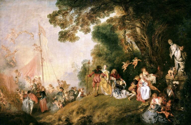 Antoine Watteau, Kythera'ya Yolculuk (Berlin versiyonu): Venüs heykelinin önünde çiftler, pembe yelkenli gemiye doğru yürüyen kalabalık ve uçuşan melekler, 1718–1719
