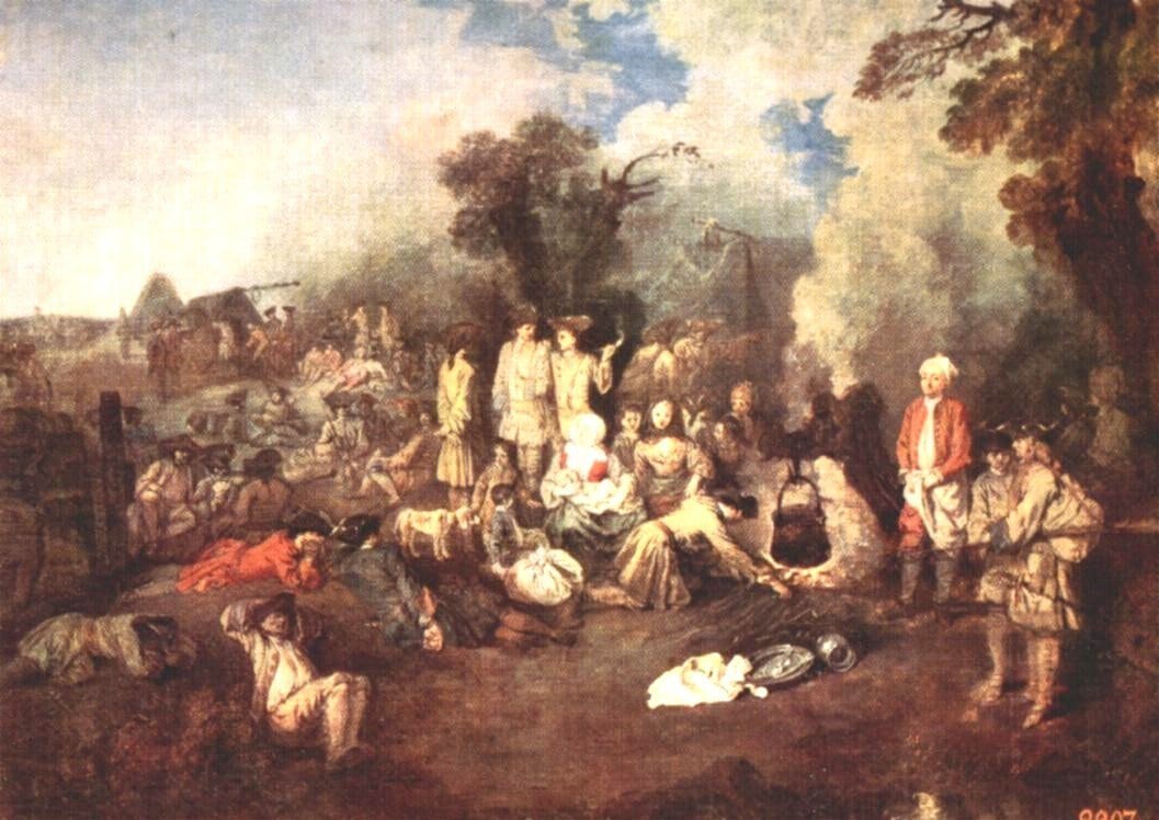 Watteau'nun Bivak tablosunda ağaçların altında dinlenen askerler