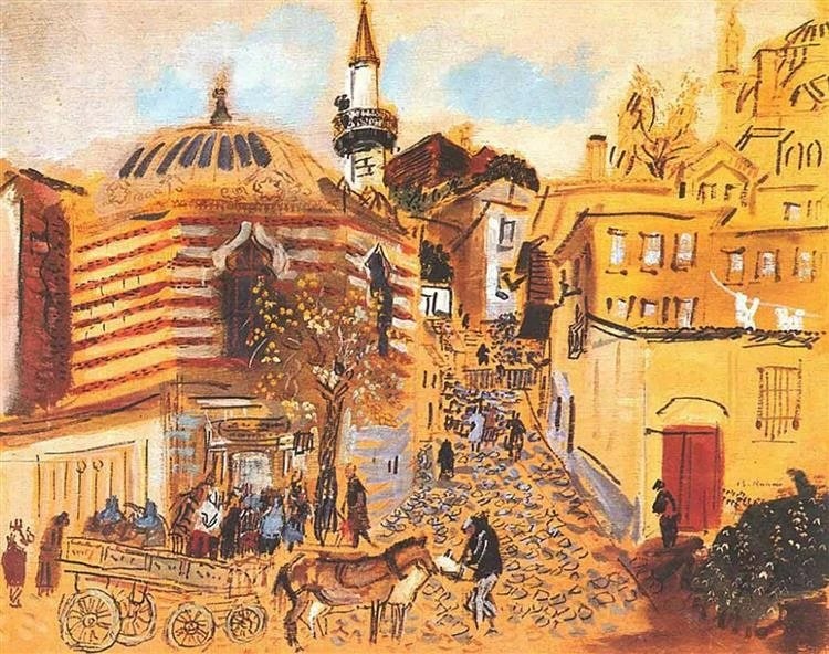 Bedri Rahmi Eyüboğlu, Salı Pazarı: atlı arabalar ve kalabalıkla dolu bir İstanbul pazar sokağı