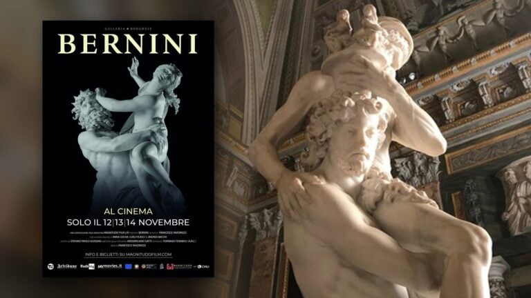 Bernini (2018) belgeselinin afişi: Proserpina'nın Kaçırılışı heykeli, yanında Galleria Borghese'de Aeneas ve Anchises heykeli