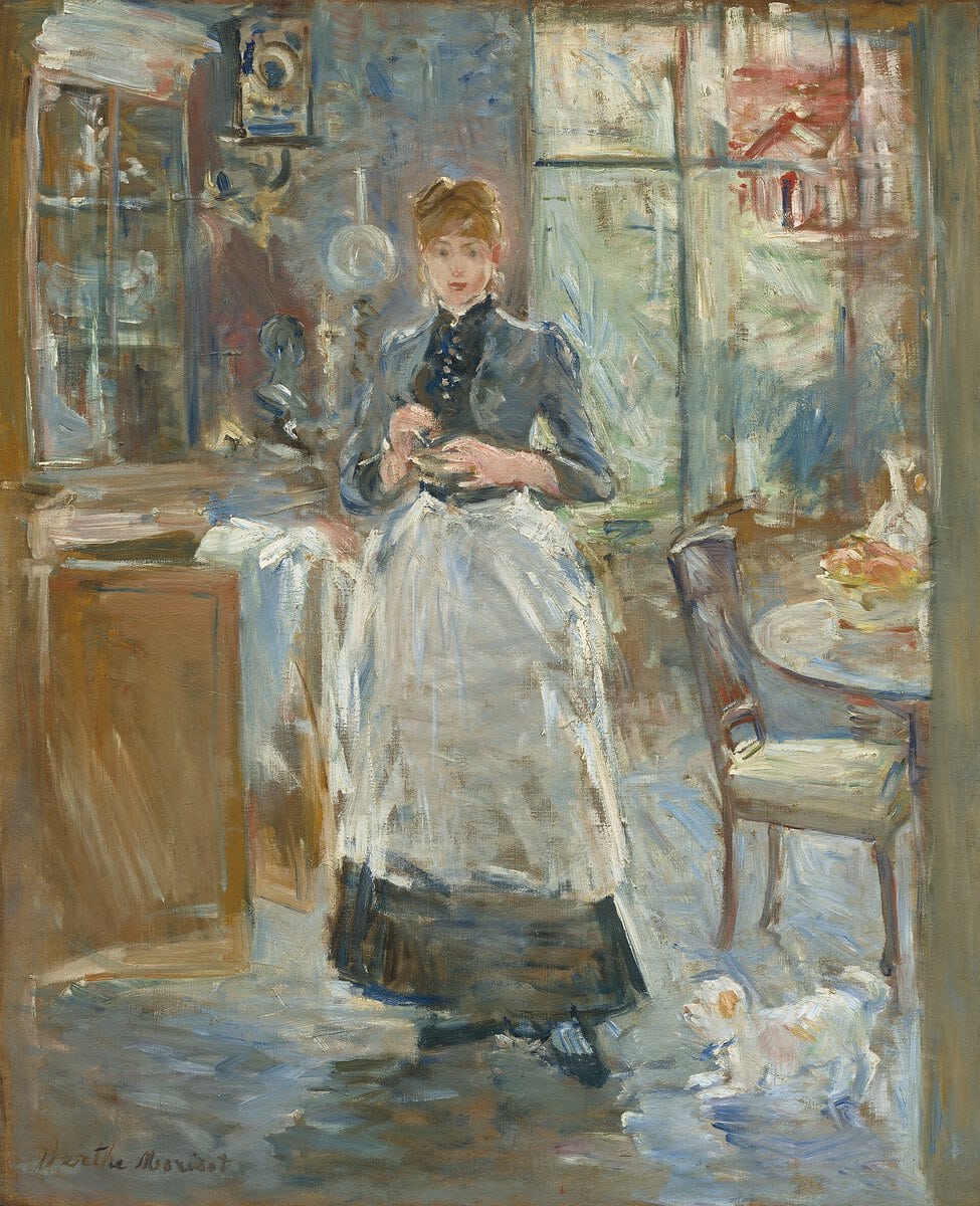 Berthe Morisot'nun Yemek Odasında tablosu: beyaz önlüklü genç hizmetçi (1886)
