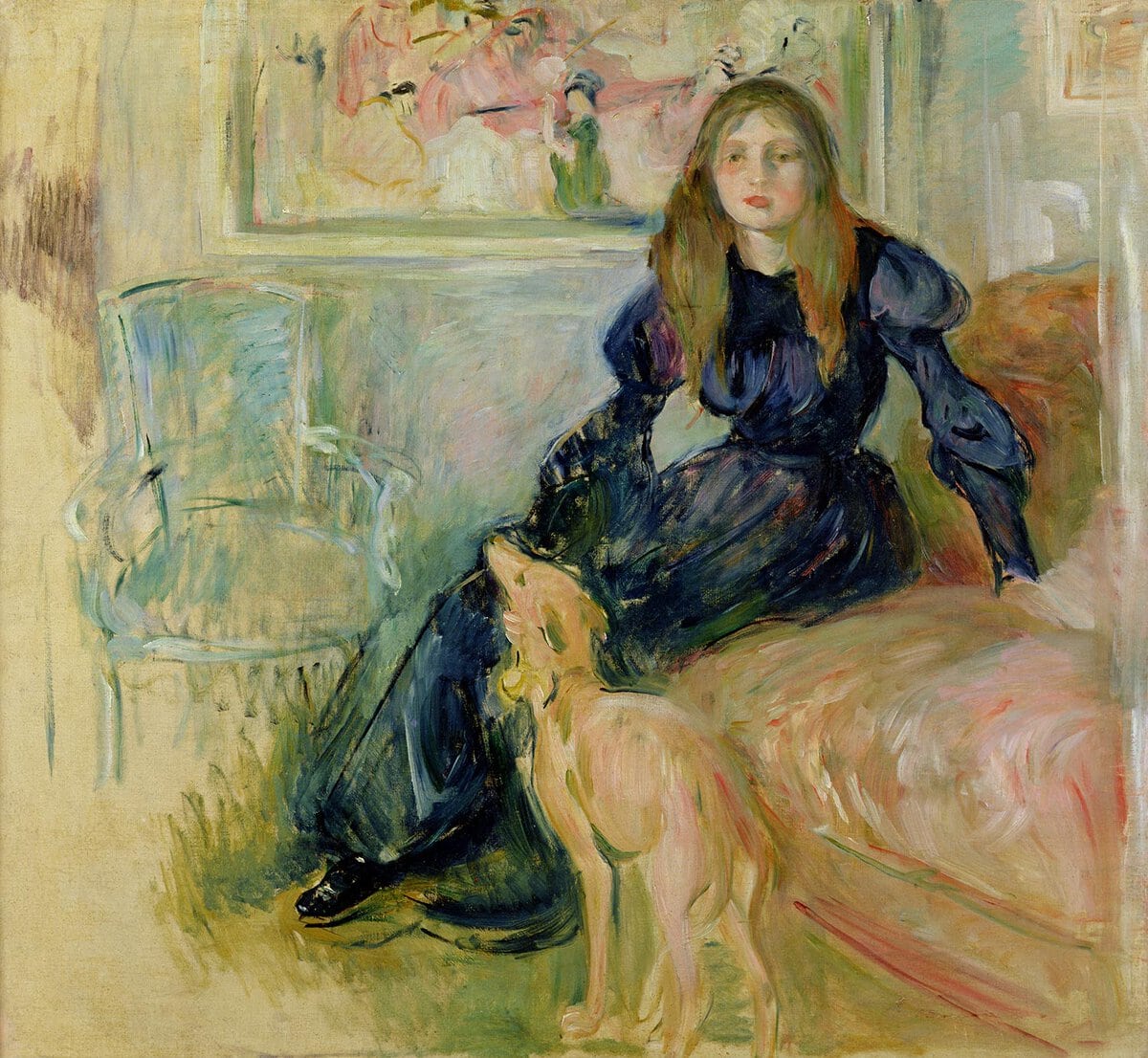 Berthe Morisot'nun Julie Manet ve Tazısı Laerte tablosu: koltukta oturan genç kız ve yanında tazı (1893)