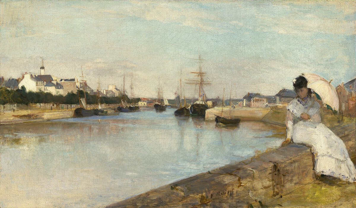Berthe Morisot'nun Lorient Limanı tablosu: rıhtım duvarında şemsiyeli genç kadın (1869)