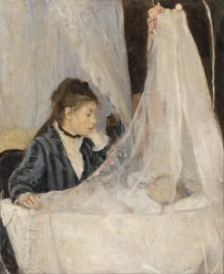 Berthe Morisot'nun Beşik tablosu: tül perdeli beşikte uyuyan bebeği izleyen anne (1872)