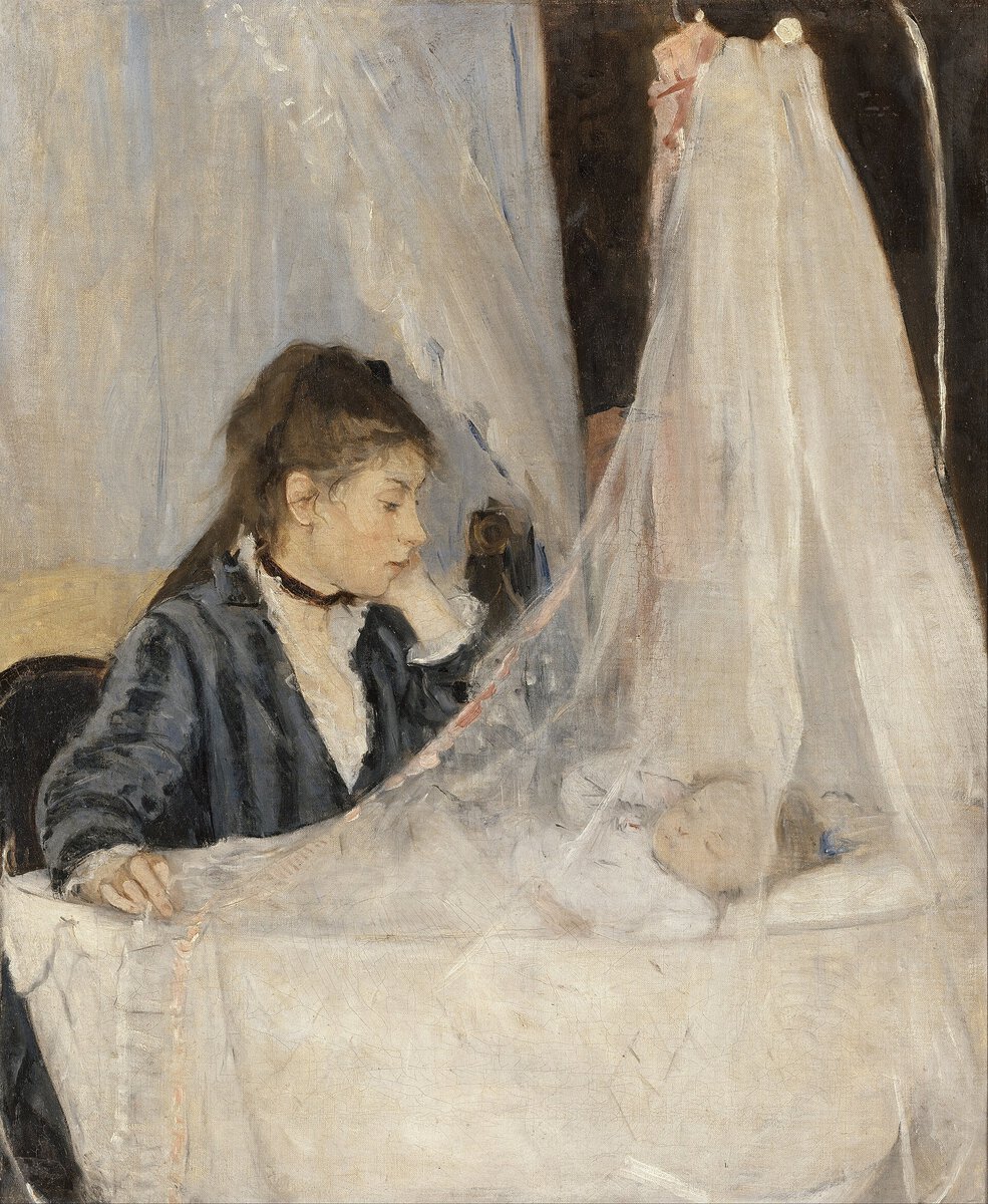 Berthe Morisot'nun Beşik tablosu: tül perdeli beşikte uyuyan bebeği izleyen anne (1872)