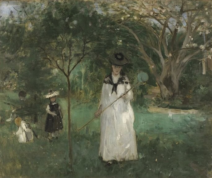 Berthe Morisot'nun Kelebek Avı tablosu: ağaçlar arasında kelebek ağıyla kadın ve çocuklar (1874)