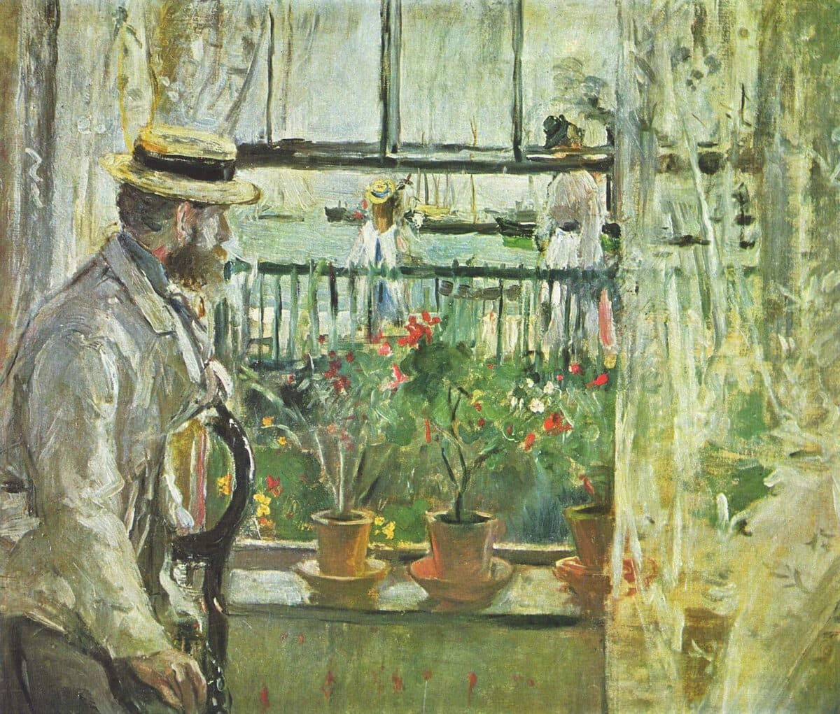 Berthe Morisot'nun Eugene Manet Wight Adası'nda tablosu: pencereden limana bakan adam (1875)