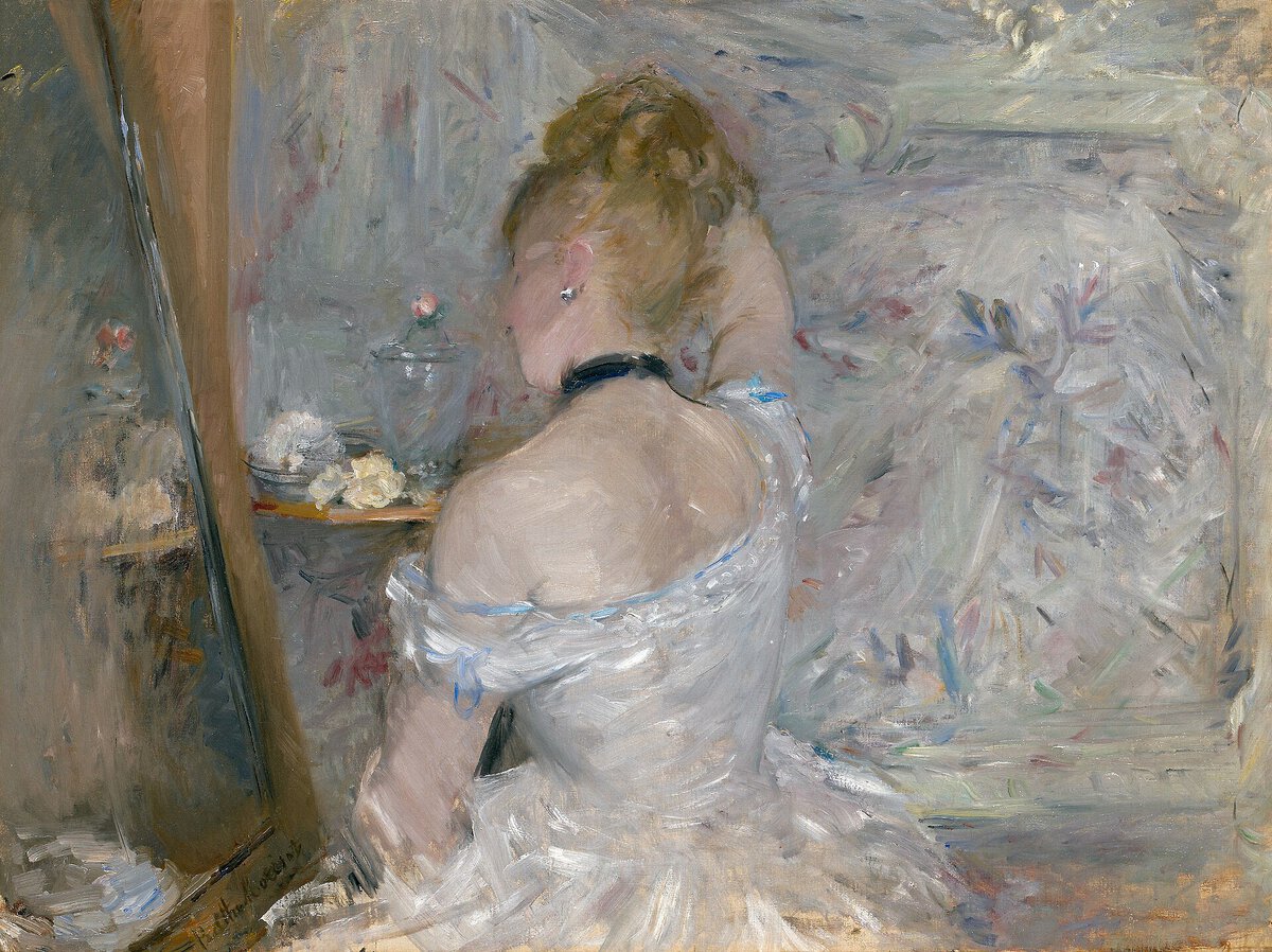 Berthe Morisot'nun Tuvaletini Yapan Kadın tablosu: ayna önünde saçını çözen kadın (1875-1880)