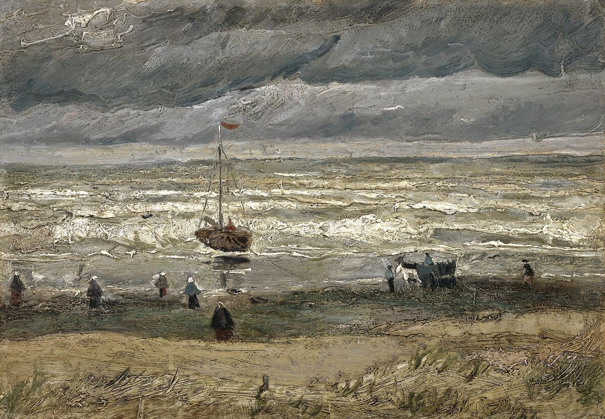 Van Gogh'un Scheveningen'de Deniz Manzarası tablosu: dalgalı, gri yeşil bir deniz, kıyıda balıkçı tekneleri ve insanlar (Vincent van Gogh, 1882)