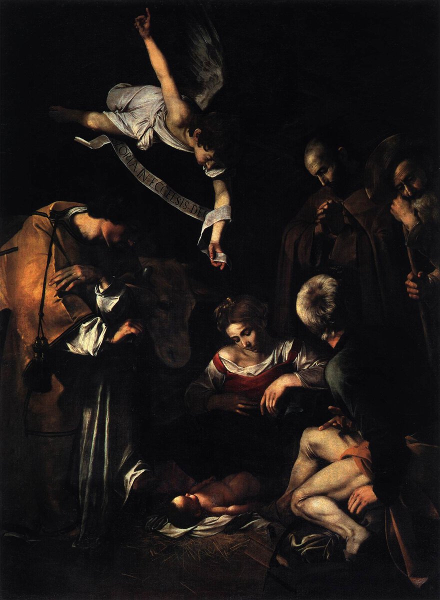 Caravaggio'nun Aziz Francesco ve Aziz Lorenzo ile Doğuş tablosu: yere uzanmış bebek İsa'nın çevresinde Meryem, azizler ve tepede bir melek (Caravaggio, 1609)