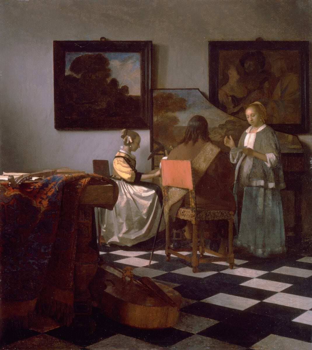 Vermeer'in Konser tablosu: bir odada klavsen çalan genç kadın, lavta tutan bir adam ve şarkı söyleyen bir kadın (Johannes Vermeer, yaklaşık 1665)